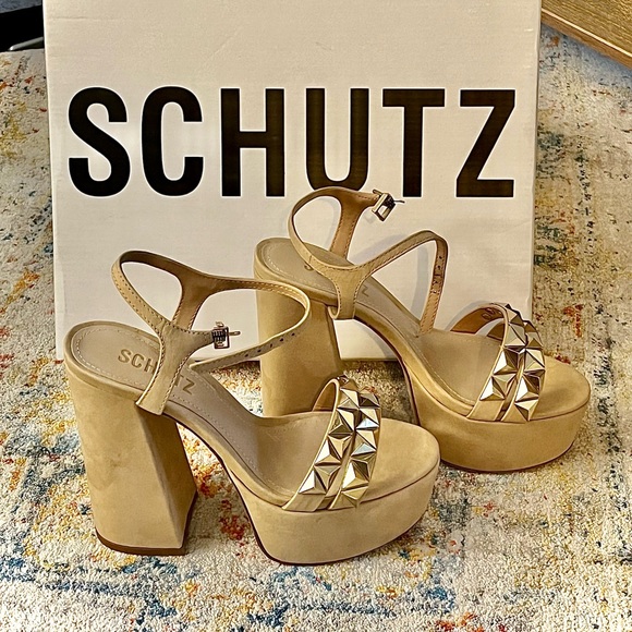 SCHUTZ Shoes - SCHUTZ NIB Nedy Platform Sandal Ankle Strap Heel Pump Light Wood Suede Size 5